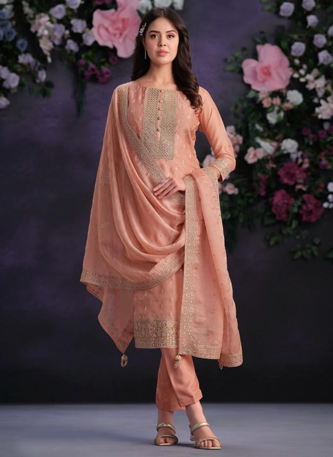 Shimmer Organza Peach Festival Wear Embroidery Work Straight Suit